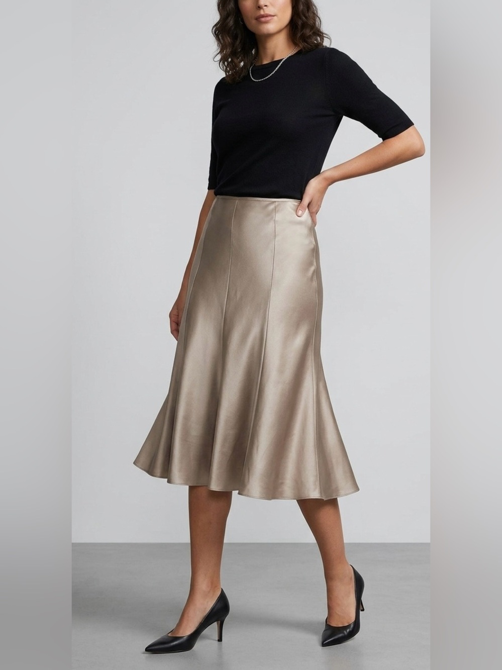 Theory Champagne SILK Beige Satin Paneled A-Line Midi Skirt Size 4